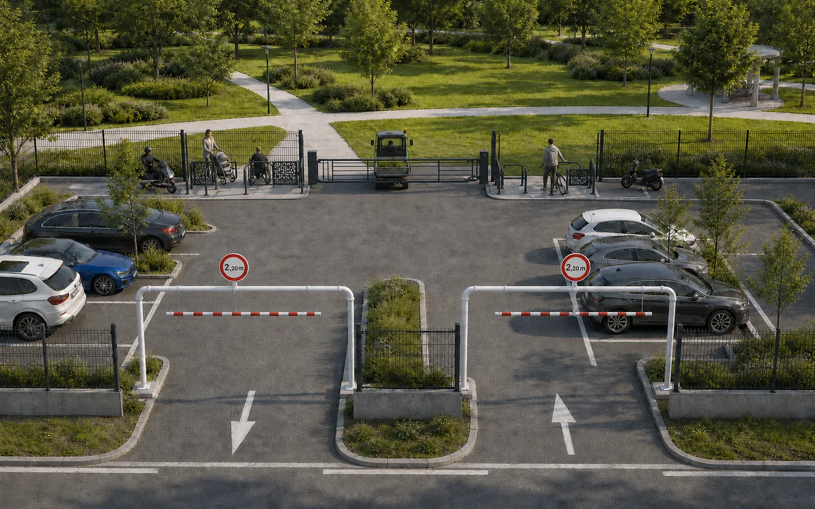 Vue générale d’un parking clôturé avec deux portiques 2,20 m et trois accès contrôlés vers le parc